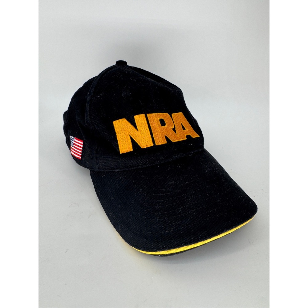 NRA Hat Black Yellow Logo American Flag Adjustable Baseball Cap
